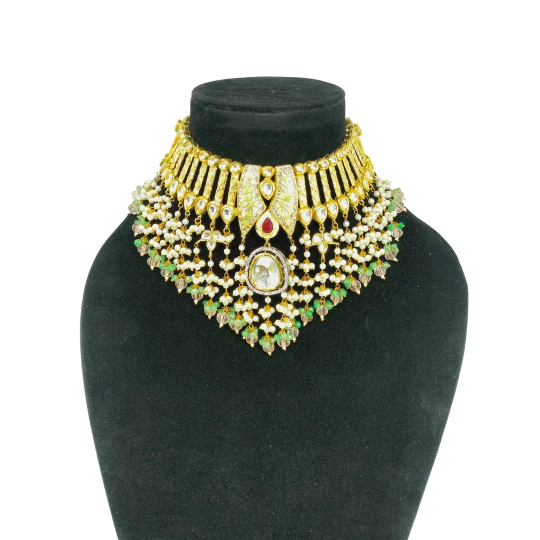 Gold & Green Kundan Pearl Choker Set with Earrings | Party & Wedding Jewelry