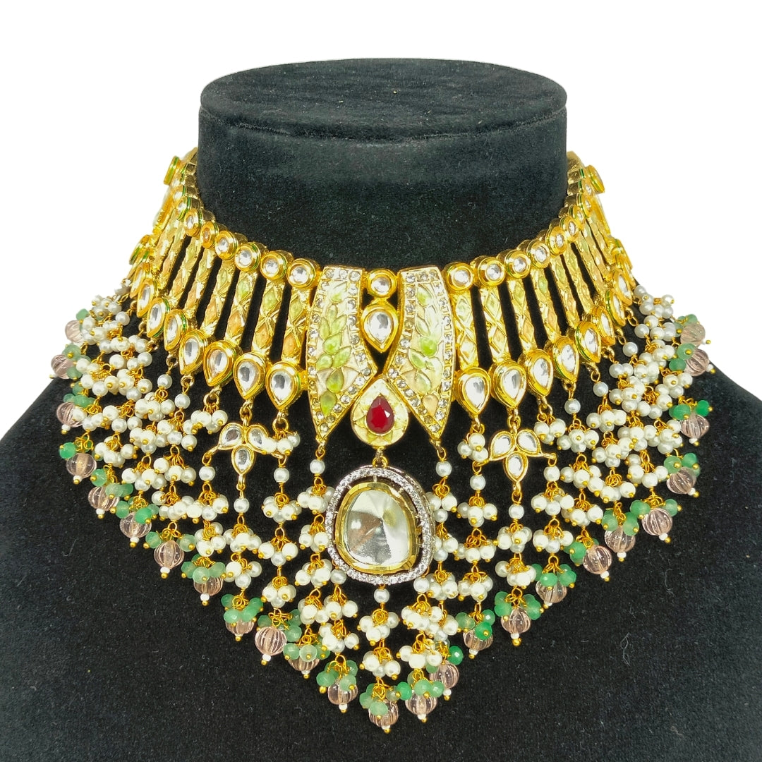 Gold & Green Kundan Pearl Choker Set with Earrings | Party & Wedding Jewelry