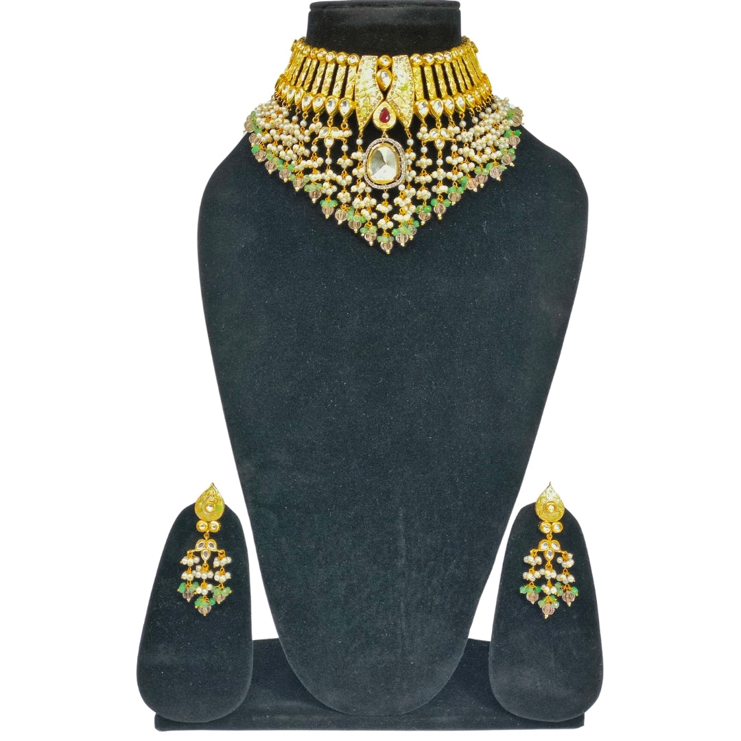 Gold & Green Kundan Pearl Choker Set with Earrings | Party & Wedding Jewelry