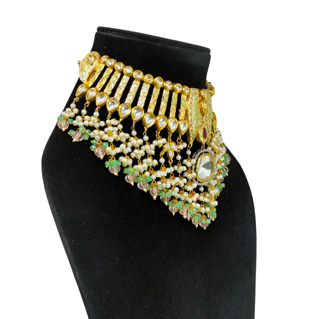 Gold & Green Kundan Pearl Choker Set with Earrings | Party & Wedding Jewelry