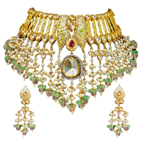 Gold & Green Kundan Pearl Choker Set with Earrings | Party & Wedding Jewelry