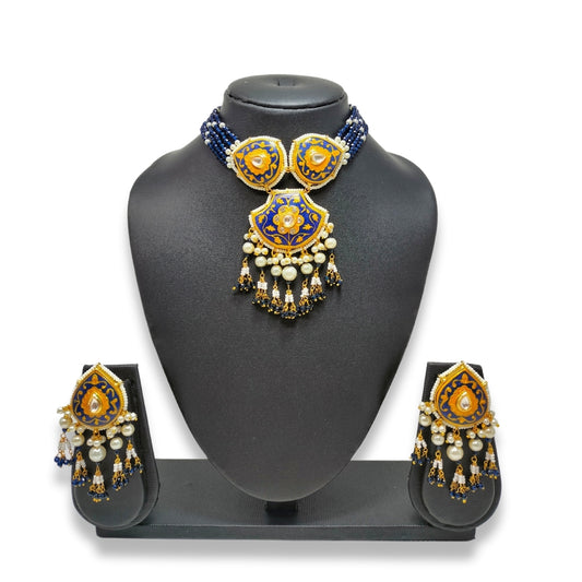 Blue & Green Meenakari Waterfall Beads Necklace, Earrings Set for Women