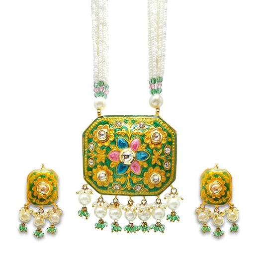 Designer Long Necklace with Earrings Set for Women & Girls - Moss Green