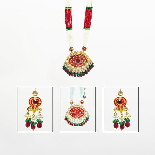 Designer Long Necklace with Earrings Set - Crimson Red