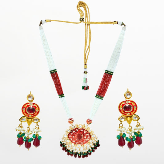 Designer Long Necklace with Earrings Set - Crimson Red